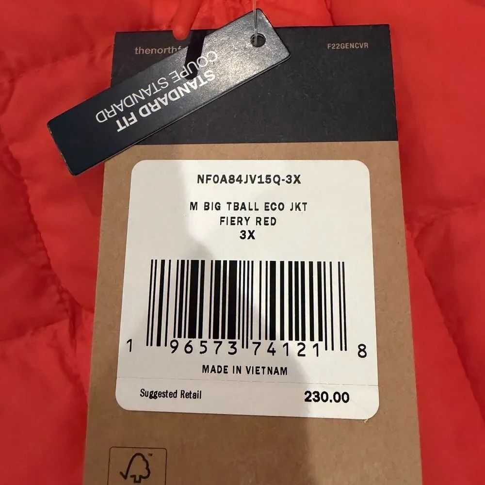 NWT Mens The North Face Thermoball Eco Full Zip Jacket Puffer Fiery Red Size 3X